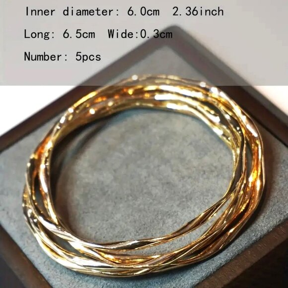 Bangle Bracelets 5pc Twisted Cuff Gold Glam Layered Simple Elegant Trendy Style - Picture 4 of 4